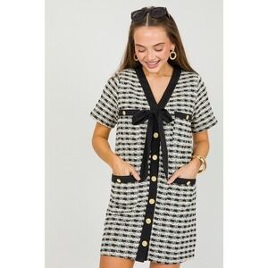 Entro Tweed Perfection Dress Anchor Buttons Neck Tie Black Gold Old Money